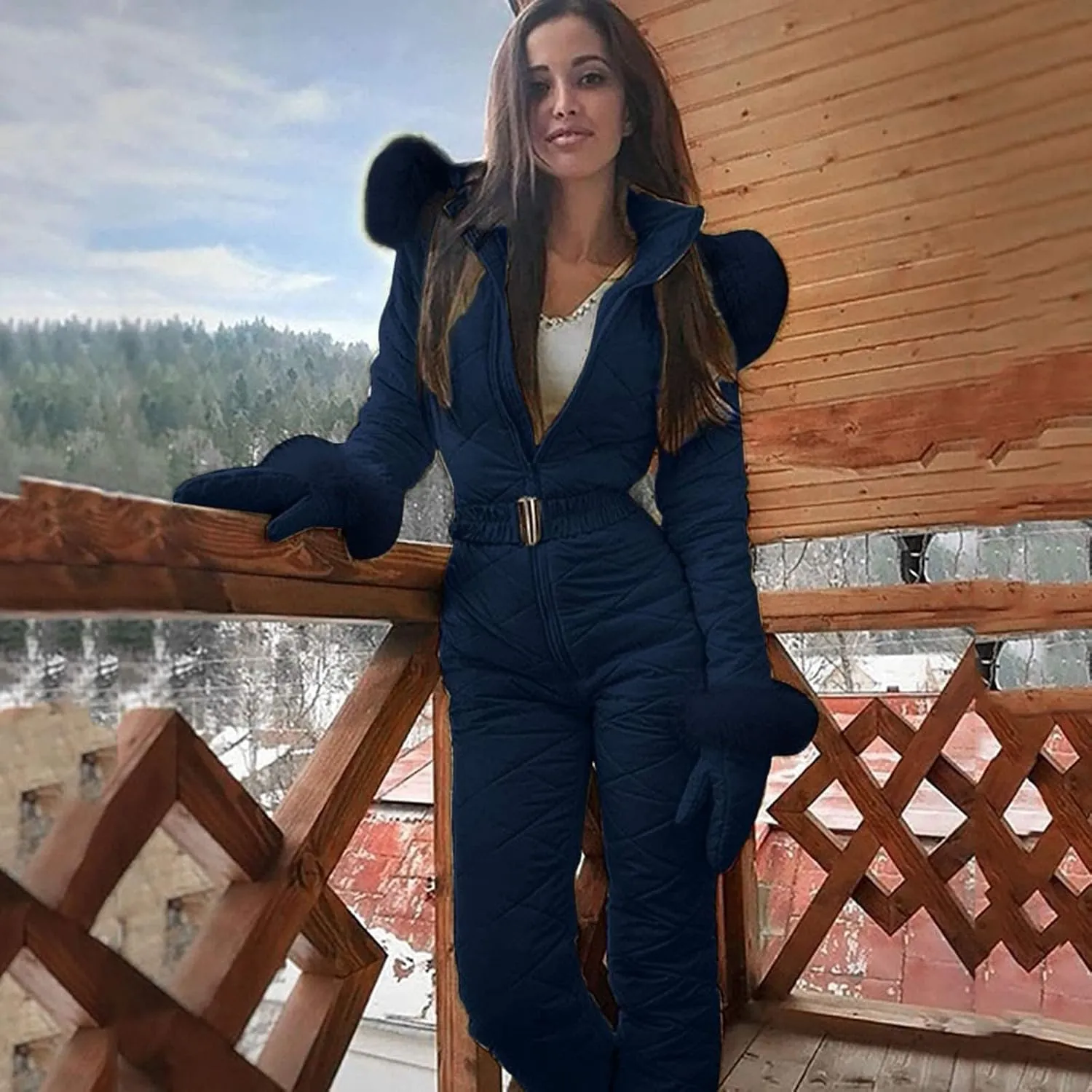Womens One Piece Snowsuit 2024 Winter Onesie Warming Ski Suit Baggy Ski Outfits Outdoor Sports Skiwear