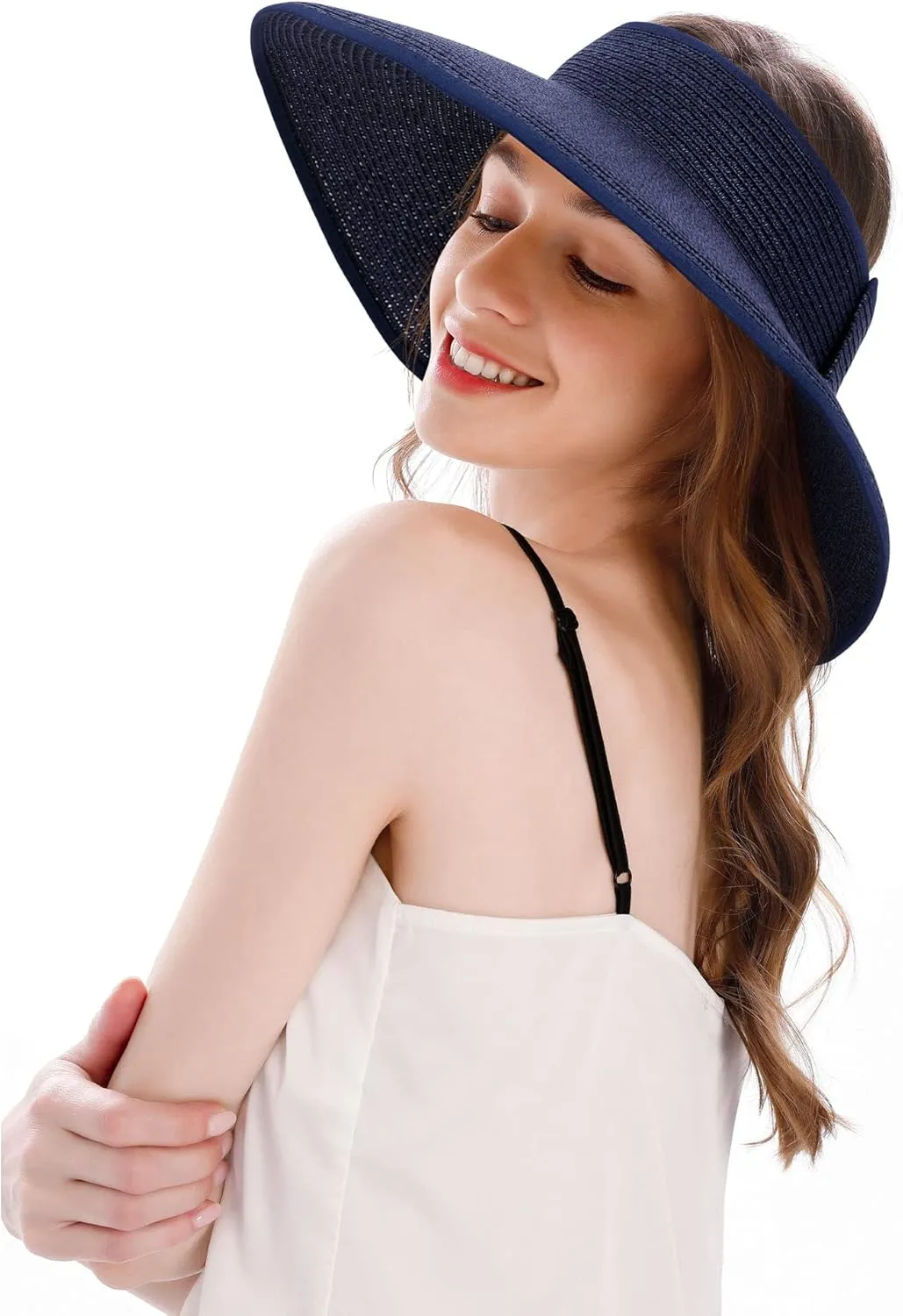 Womens Sun Hat Wide Brim Hats for Women Straw Sun Visors Roll Up Ponytail Beach Hats for Women