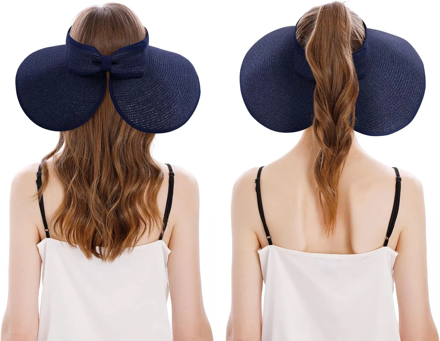 Womens Sun Hat Wide Brim Hats for Women Straw Sun Visors Roll Up Ponytail Beach Hats for Women