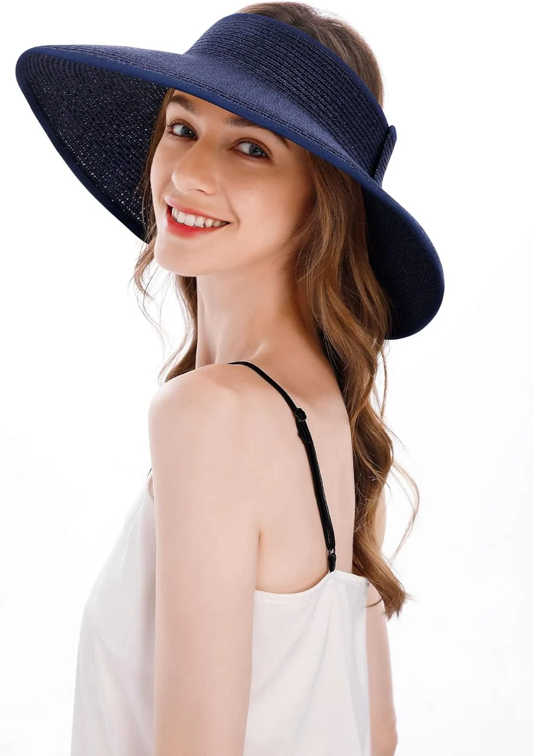 Womens Sun Hat Wide Brim Hats for Women Straw Sun Visors Roll Up Ponytail Beach Hats for Women