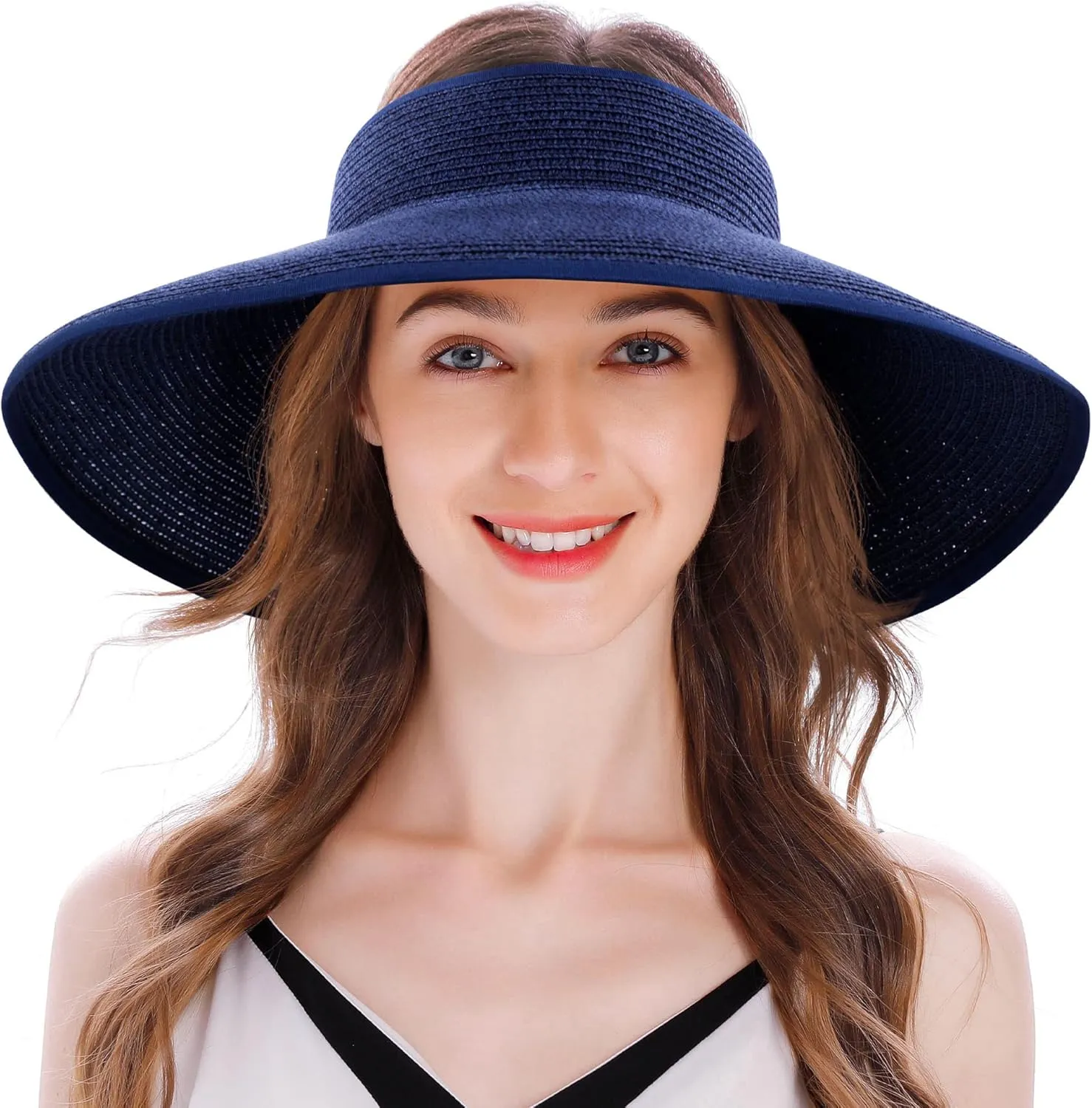 Womens Sun Hat Wide Brim Hats for Women Straw Sun Visors Roll Up Ponytail Beach Hats for Women