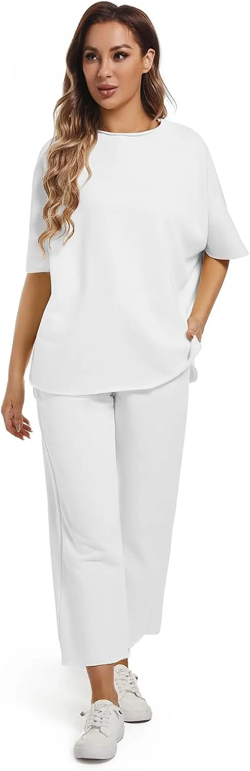 Women's Two Piece Outfits 3/4 Batwing Sleeve Capelet Crew Neck Pullover Top Wide Leg Pants Lounge Set