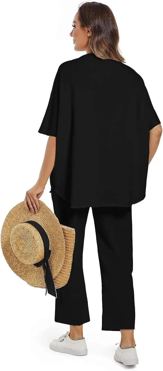 Women's Two Piece Outfits 3/4 Batwing Sleeve Capelet Crew Neck Pullover Top Wide Leg Pants Lounge Set