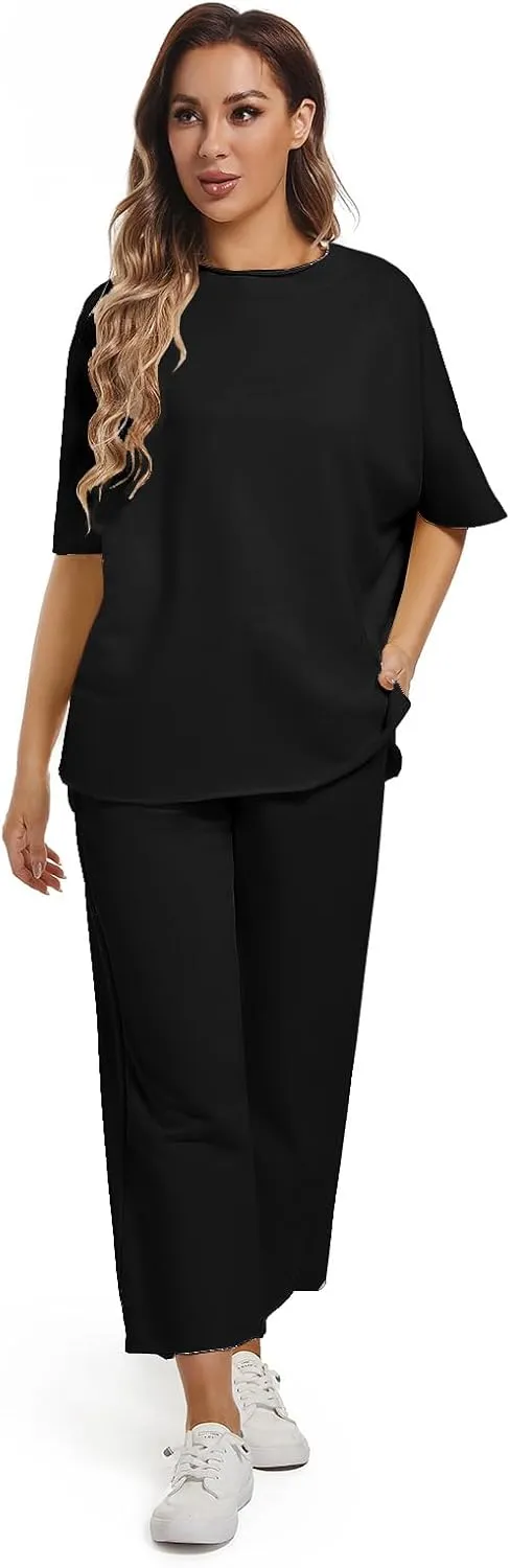 Women's Two Piece Outfits 3/4 Batwing Sleeve Capelet Crew Neck Pullover Top Wide Leg Pants Lounge Set