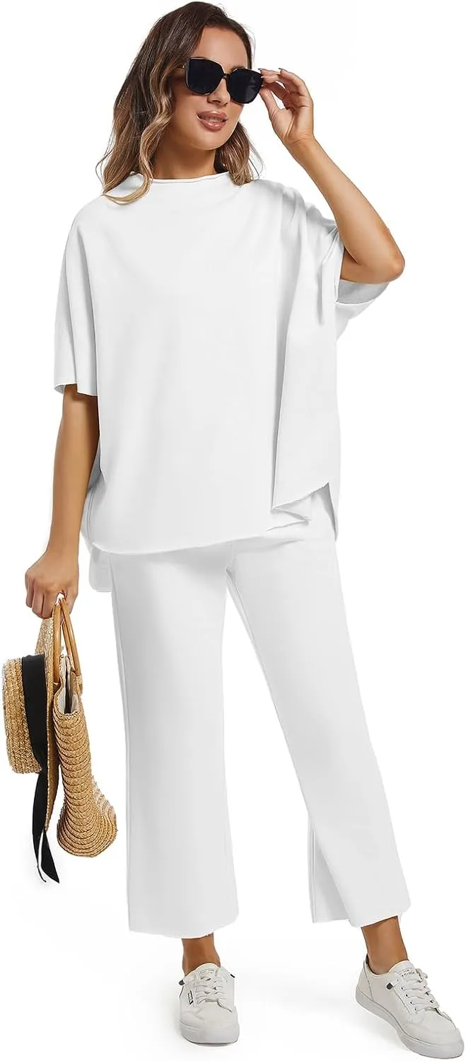 Women's Two Piece Outfits 3/4 Batwing Sleeve Capelet Crew Neck Pullover Top Wide Leg Pants Lounge Set