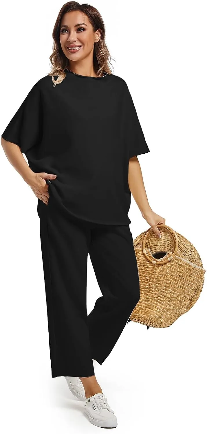 Women's Two Piece Outfits 3/4 Batwing Sleeve Capelet Crew Neck Pullover Top Wide Leg Pants Lounge Set