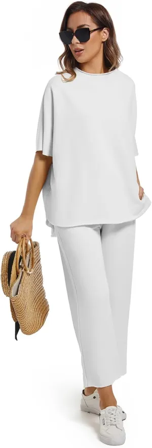 Women's Two Piece Outfits 3/4 Batwing Sleeve Capelet Crew Neck Pullover Top Wide Leg Pants Lounge Set