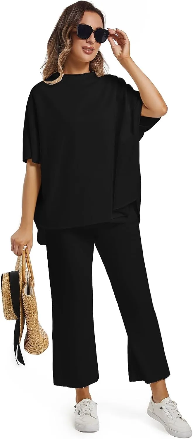 Women's Two Piece Outfits 3/4 Batwing Sleeve Capelet Crew Neck Pullover Top Wide Leg Pants Lounge Set