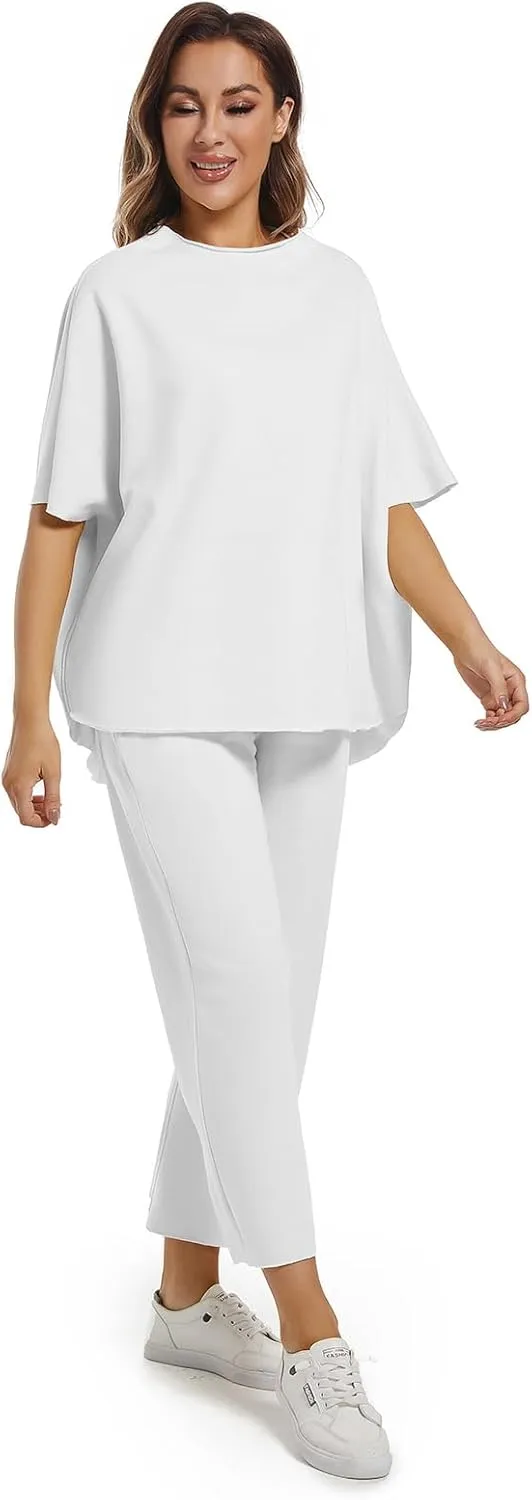 Women's Two Piece Outfits 3/4 Batwing Sleeve Capelet Crew Neck Pullover Top Wide Leg Pants Lounge Set