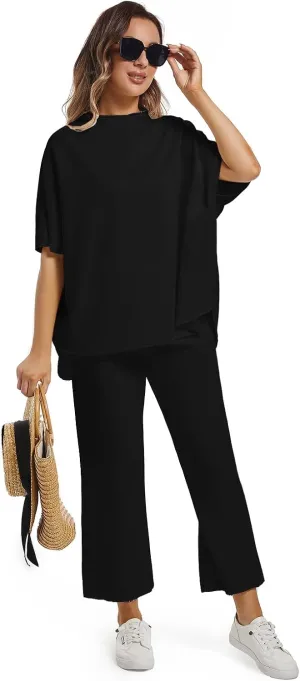 Women's Two Piece Outfits 3/4 Batwing Sleeve Capelet Crew Neck Pullover Top Wide Leg Pants Lounge Set