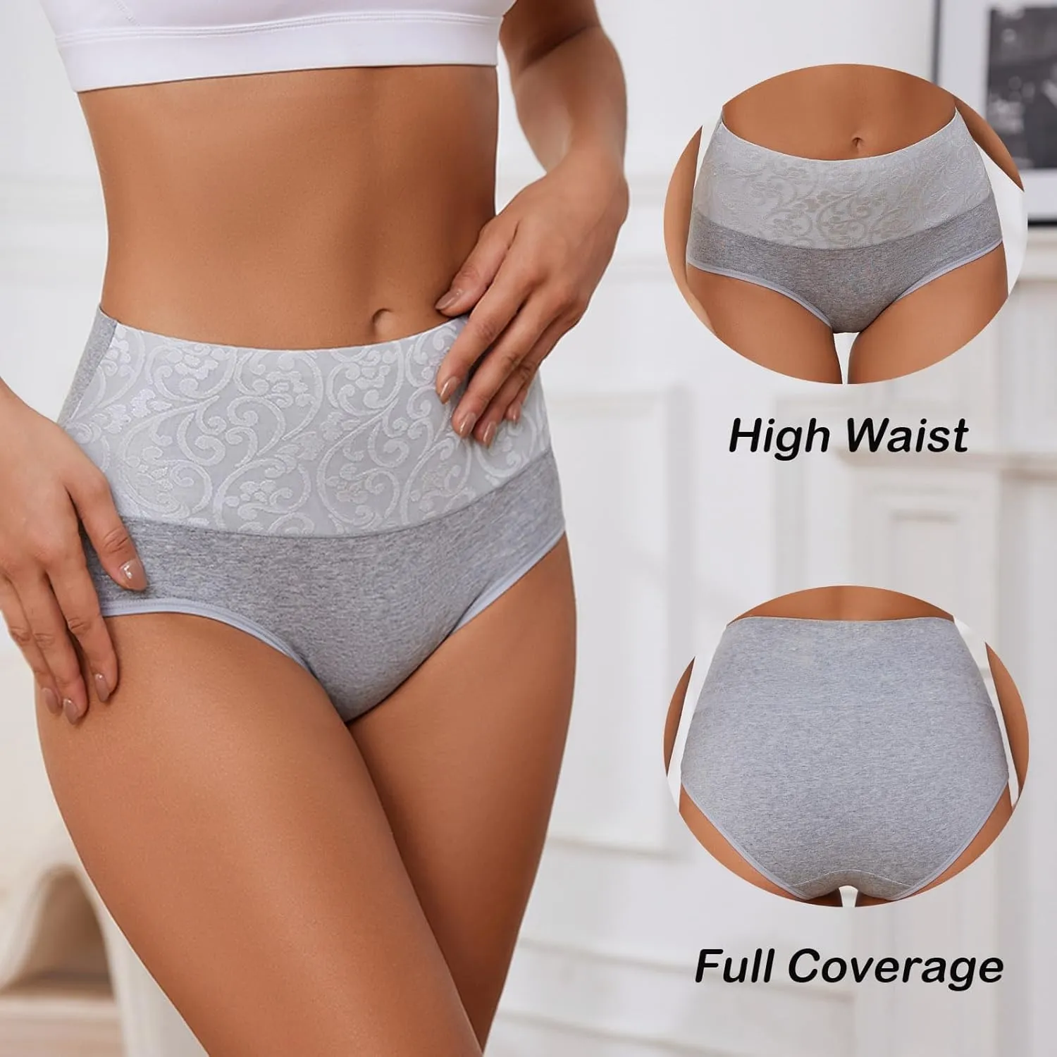 Womens Underwear Cotton Tummy Control High Waisted Underwear Soft Breathable Full Coverage Panties Multipack