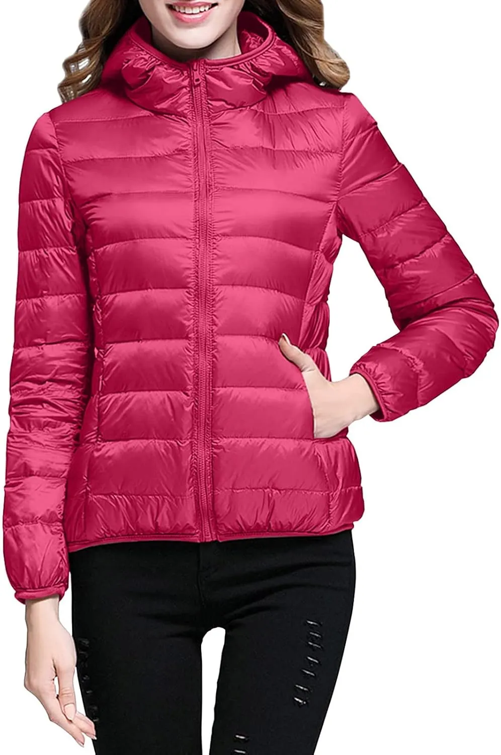Women's Winter Zip Puffer Jacket Lightweight Packable Hooded Puffer Jacket Warm Down Coats Waterproof Ski Jackets