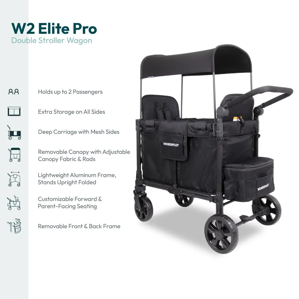 WONDERFOLD W2 Elite Pro Stroller Wagon (2 Seater) - Collapsible Wagon Stroller with Seats with 5-Point Harnesses, Adjustable Push Handle, and Adjustable Sun Canopy, Jet Black