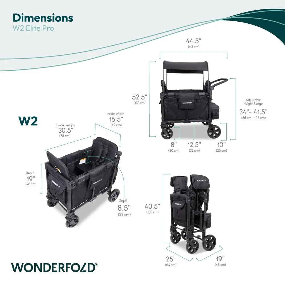 WONDERFOLD W2 Elite Pro Stroller Wagon (2 Seater) - Collapsible Wagon Stroller with Seats with 5-Point Harnesses, Adjustable Push Handle, and Adjustable Sun Canopy, Jet Black