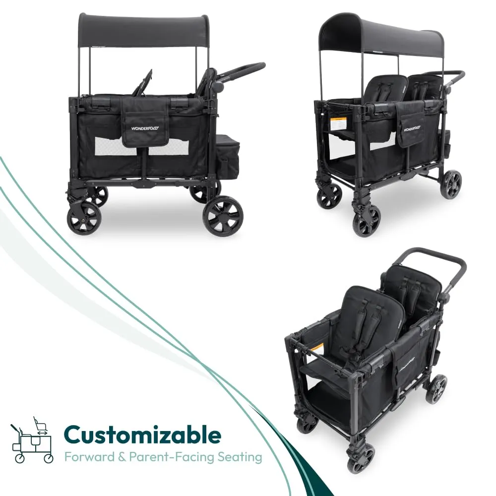 WONDERFOLD W2 Elite Pro Stroller Wagon (2 Seater) - Collapsible Wagon Stroller with Seats with 5-Point Harnesses, Adjustable Push Handle, and Adjustable Sun Canopy, Jet Black