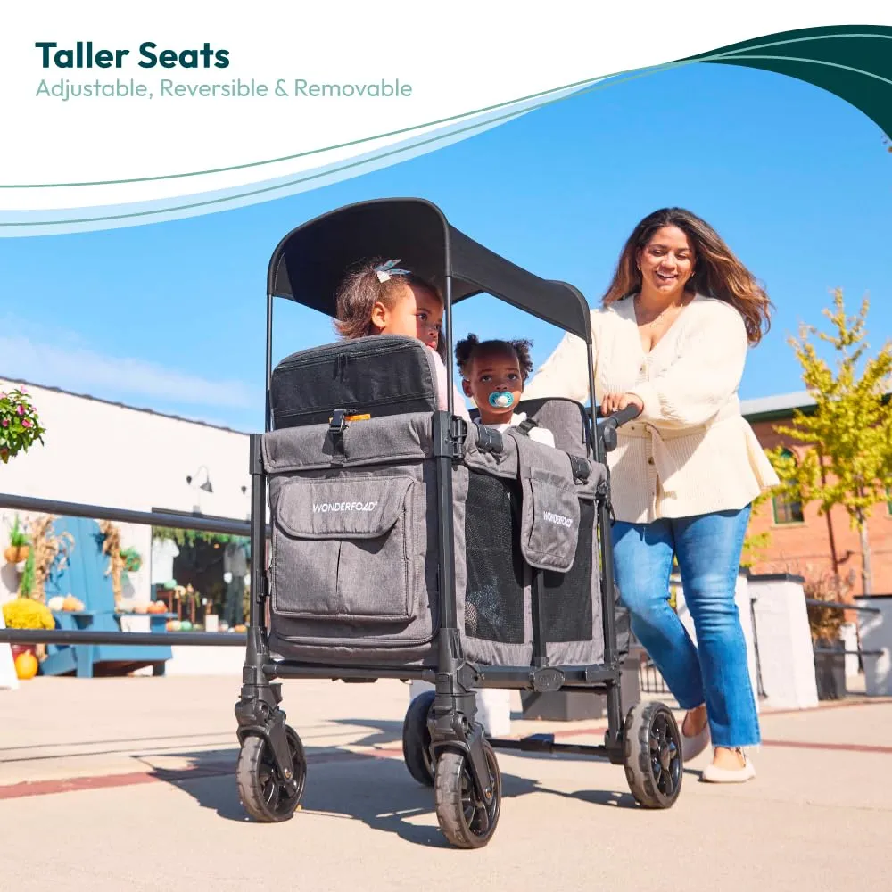 WONDERFOLD W2 Elite Pro Stroller Wagon (2 Seater) - Collapsible Wagon Stroller with Seats with 5-Point Harnesses, Adjustable Push Handle, and Adjustable Sun Canopy, Jet Black