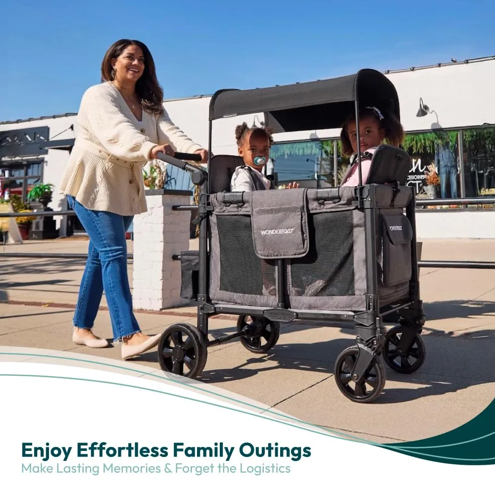 WONDERFOLD W2 Elite Pro Stroller Wagon (2 Seater) - Collapsible Wagon Stroller with Seats with 5-Point Harnesses, Adjustable Push Handle, and Adjustable Sun Canopy, Jet Black