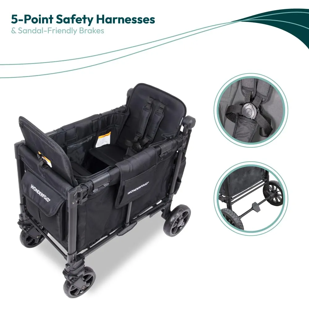 WONDERFOLD W2 Elite Pro Stroller Wagon (2 Seater) - Collapsible Wagon Stroller with Seats with 5-Point Harnesses, Adjustable Push Handle, and Adjustable Sun Canopy, Jet Black