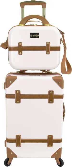 World Traveler Gatsby Vintage Style Hardside Carry-On Retro Train Case Spinner Luggage, Ivory, 2-Piece Set (Tote/20-Inch)