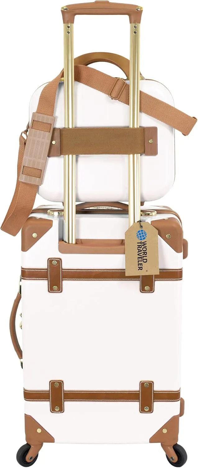 World Traveler Gatsby Vintage Style Hardside Carry-On Retro Train Case Spinner Luggage, Ivory, 2-Piece Set (Tote/20-Inch)