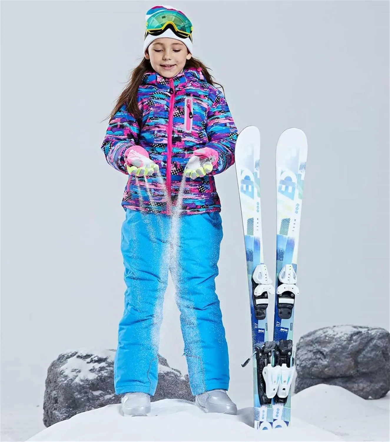 WOWULOVELY Girls Thicken Warm Snowsuit Hooded Ski Jacket Pants 2 Pcs Set Skiing Jacket with Pants