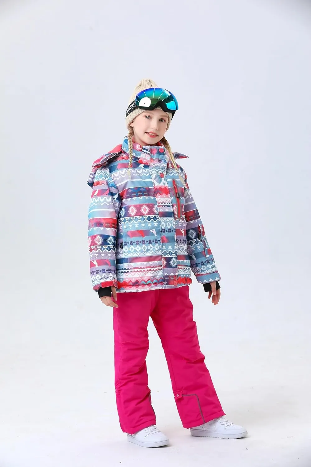 WOWULOVELY Girls Thicken Warm Snowsuit Hooded Ski Jacket Pants 2 Pcs Set Skiing Jacket with Pants