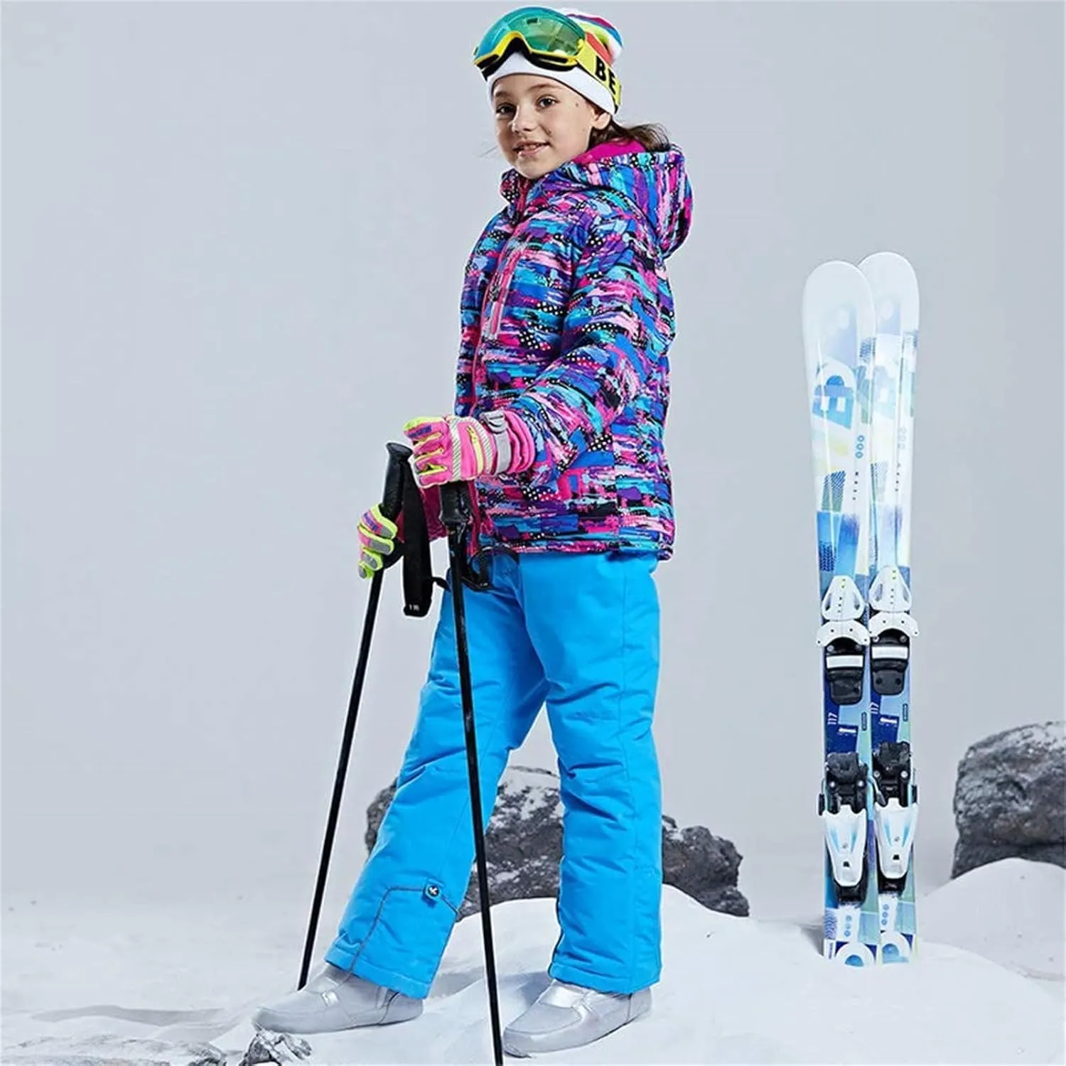 WOWULOVELY Girls Thicken Warm Snowsuit Hooded Ski Jacket Pants 2 Pcs Set Skiing Jacket with Pants