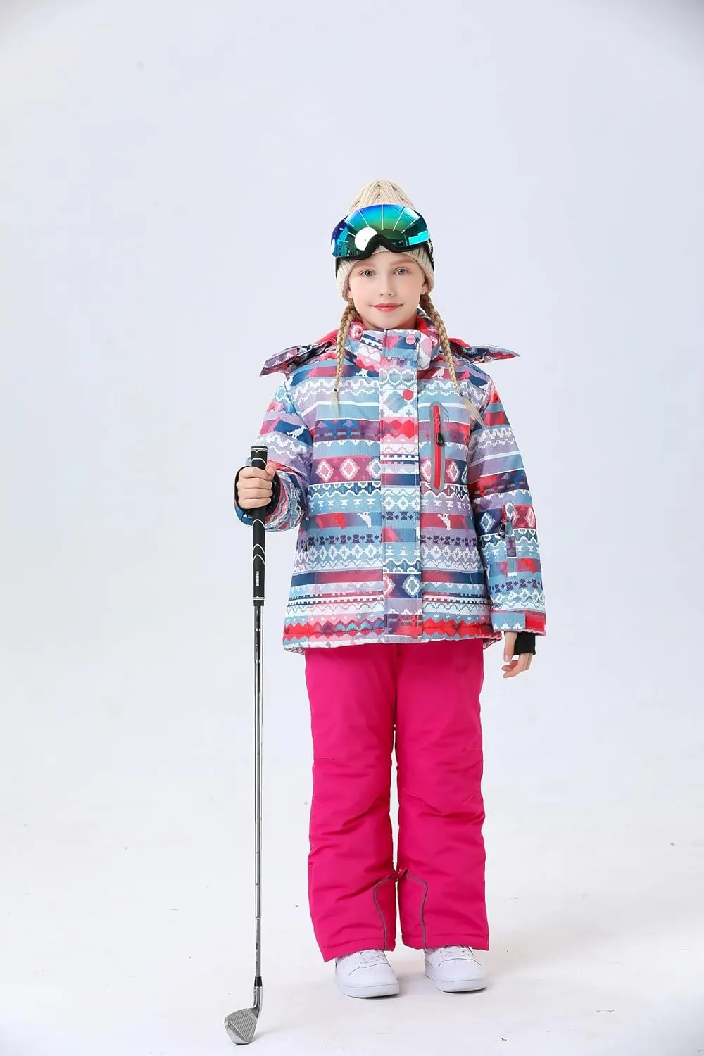 WOWULOVELY Girls Thicken Warm Snowsuit Hooded Ski Jacket Pants 2 Pcs Set Skiing Jacket with Pants