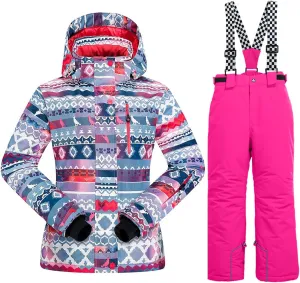 WOWULOVELY Girls Thicken Warm Snowsuit Hooded Ski Jacket Pants 2 Pcs Set Skiing Jacket with Pants