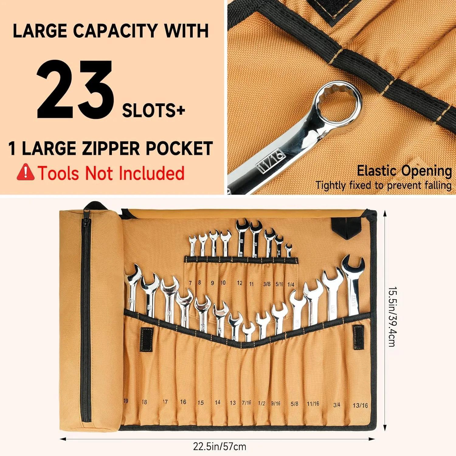 Wrench Roll Organizer,Wrench Roll Up Pouch with 23 1 Pockets,Heavy Duty Tool Roll for Metric & SAE Wrenches,Large Wrench Holder Organizer Bag for Men,Mechanics(Brown)