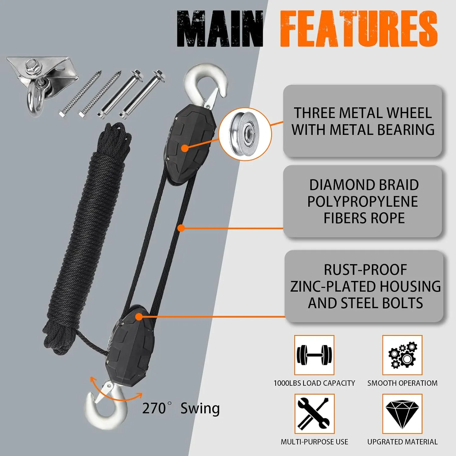 XSTRAP STANDARD 50 Feet Rope Hoist, Heavy-Duty 2000LB Wheel Block and Tackle Pulley System for Lifting Heavy Objects with Work Gloves, 2pcs Soft Loops, 1 Swing Hanger for Garage Warehouse