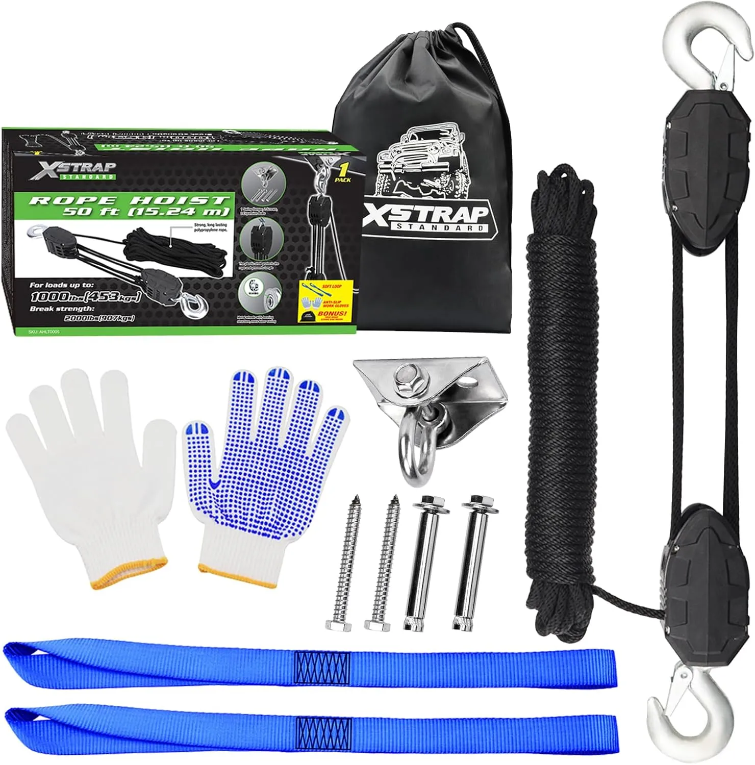 XSTRAP STANDARD 50 Feet Rope Hoist, Heavy-Duty 2000LB Wheel Block and Tackle Pulley System for Lifting Heavy Objects with Work Gloves, 2pcs Soft Loops, 1 Swing Hanger for Garage Warehouse
