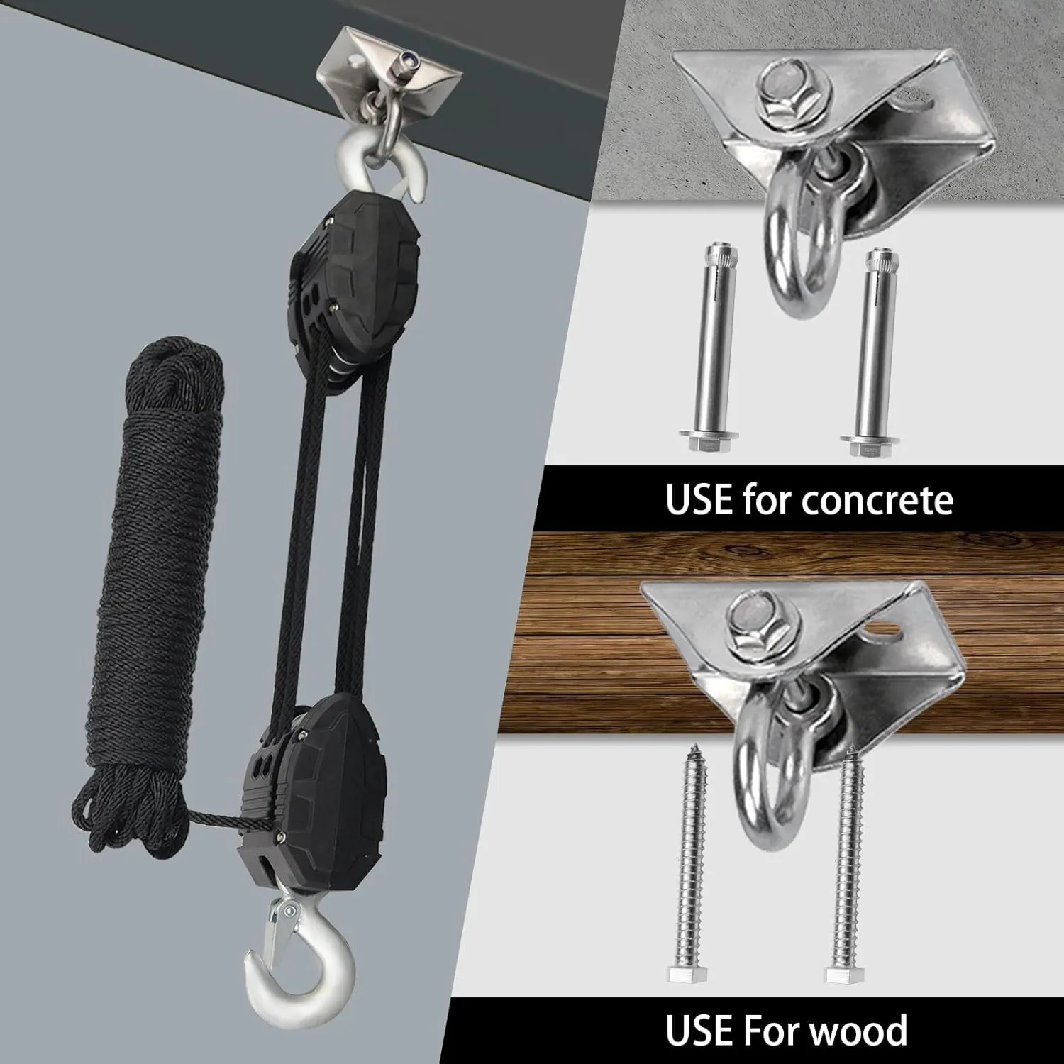 XSTRAP STANDARD 50 Feet Rope Hoist, Heavy-Duty 2000LB Wheel Block and Tackle Pulley System for Lifting Heavy Objects with Work Gloves, 2pcs Soft Loops, 1 Swing Hanger for Garage Warehouse