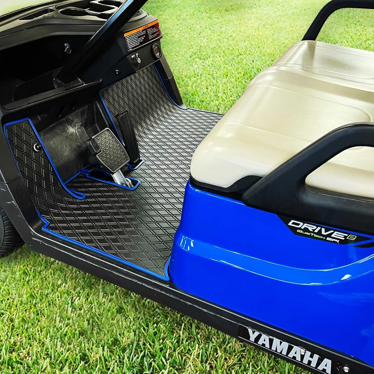 Xtreme Mats Golf Cart Floor Mat Compatible with Yamaha Drive2, Full Coverage Golf Cart Floor Liner Mat - Fits Yamaha Drive2 Models Only (2017-2023) & UMAX Rally 4x4 - Black with Blue Trim