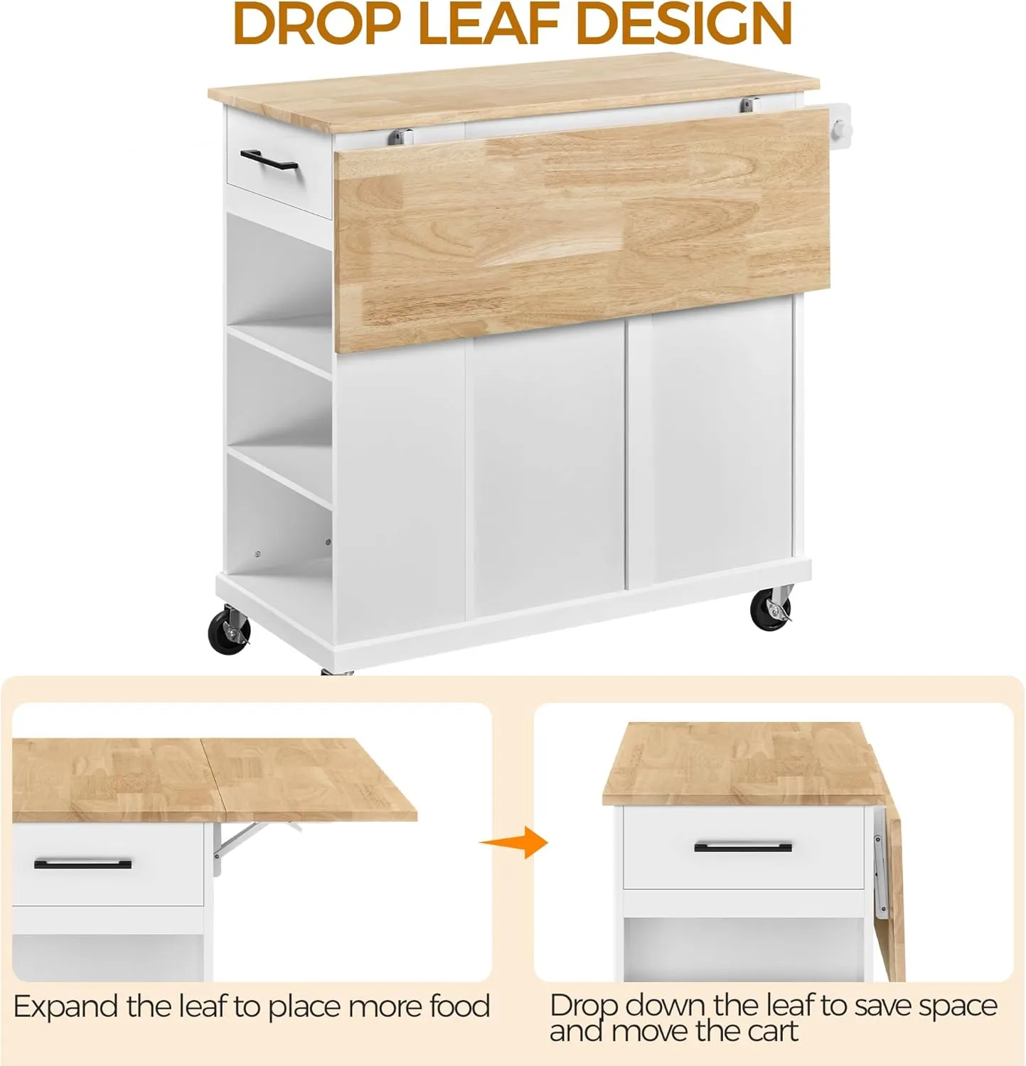 Yaheetech Rolling Kitchen Island Cart with Drop Leaf, Portable Rubberwood Breakfast Bar with Storage Cabinet, Open Shelves & Detachable Towel, 2 Drawers, White