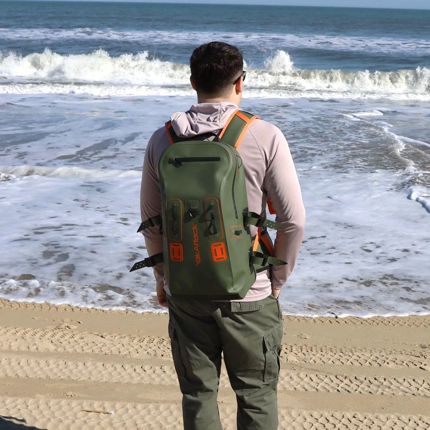 YakAttack 28L BackWater DryPak Waterproof Backpack - Green/Orange | Dry Bag Backpack for Kayaking, Fishing & Hiking | Floating Waterproof Bag | Lightweight Outdoor Marine Gear | 10" x 22" x 12"