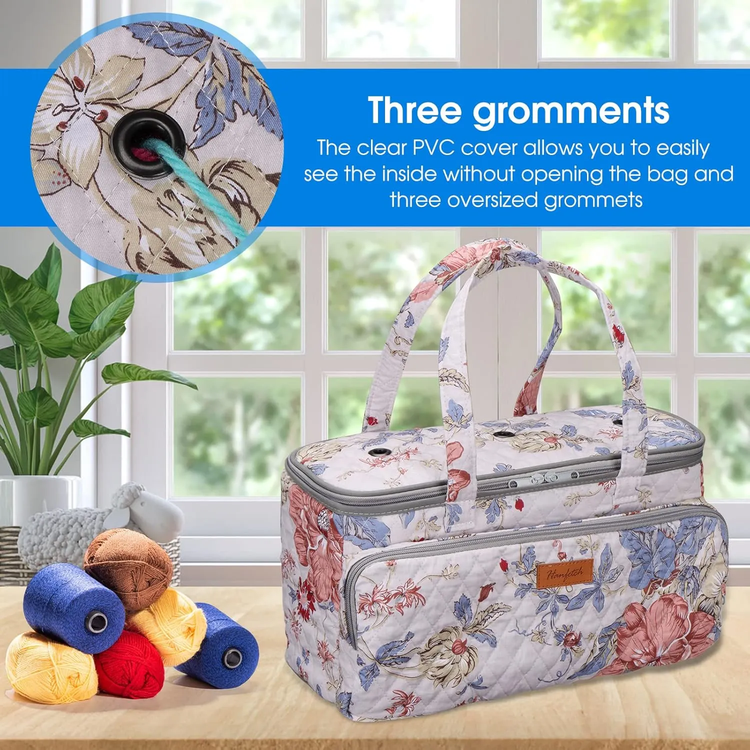 Yarn Bag-Large Size-Yarn Storage Organizer with Grommets-Portable Crochet Bag for Yarn Skeins-Crochet Hooks-Knitting Needles -Other Accessories (Flower-White)