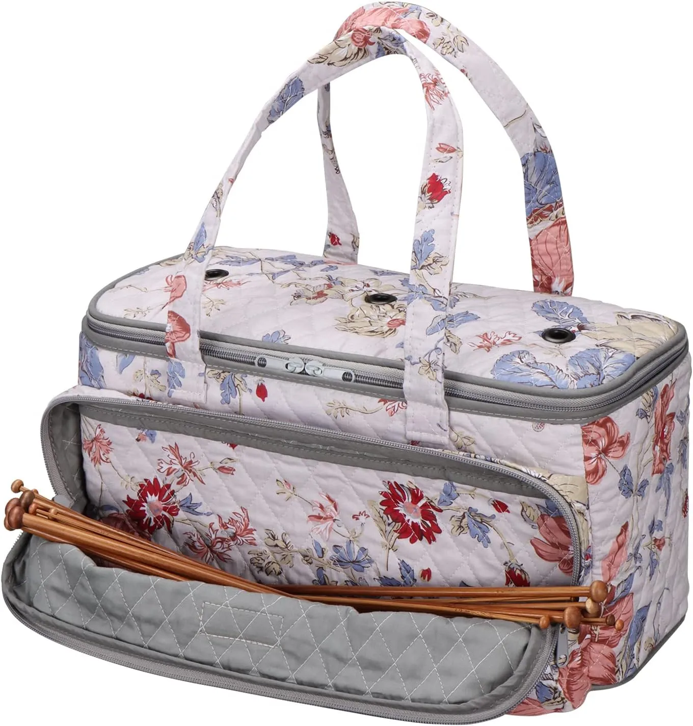 Yarn Bag-Large Size-Yarn Storage Organizer with Grommets-Portable Crochet Bag for Yarn Skeins-Crochet Hooks-Knitting Needles -Other Accessories (Flower-White)