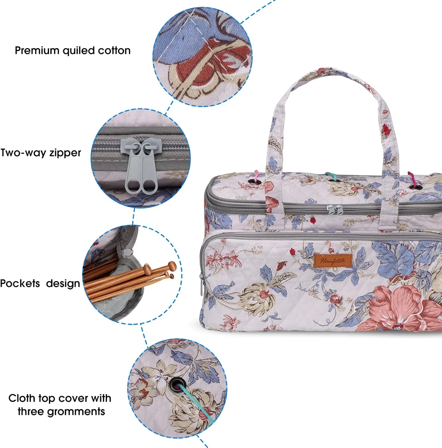 Yarn Bag-Large Size-Yarn Storage Organizer with Grommets-Portable Crochet Bag for Yarn Skeins-Crochet Hooks-Knitting Needles -Other Accessories (Flower-White)