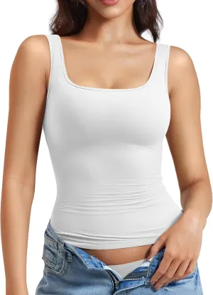 YEOREO Women's Square Neck Tank Top Crisssy Double Lined Slim Fit Sleeveless Workout Gym T Shirts Casual Basic Top