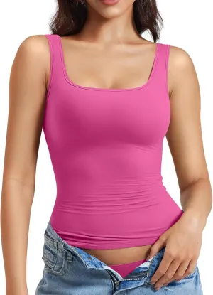 YEOREO Women's Square Neck Tank Top Crisssy Double Lined Slim Fit Sleeveless Workout Gym T Shirts Casual Basic Top