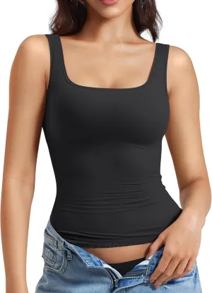 YEOREO Women's Square Neck Tank Top Crisssy Double Lined Slim Fit Sleeveless Workout Gym T Shirts Casual Basic Top