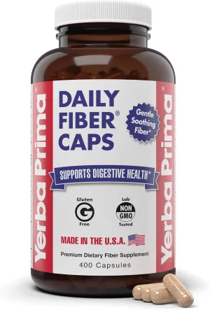 Yerba Prima Daily Fiber Caps Formula, 400 Capsules - Both Soluble and Insoluble - with Psyllium Seed Husks, Acacia Gum, Apple Fiber and More - Dietary Supplement