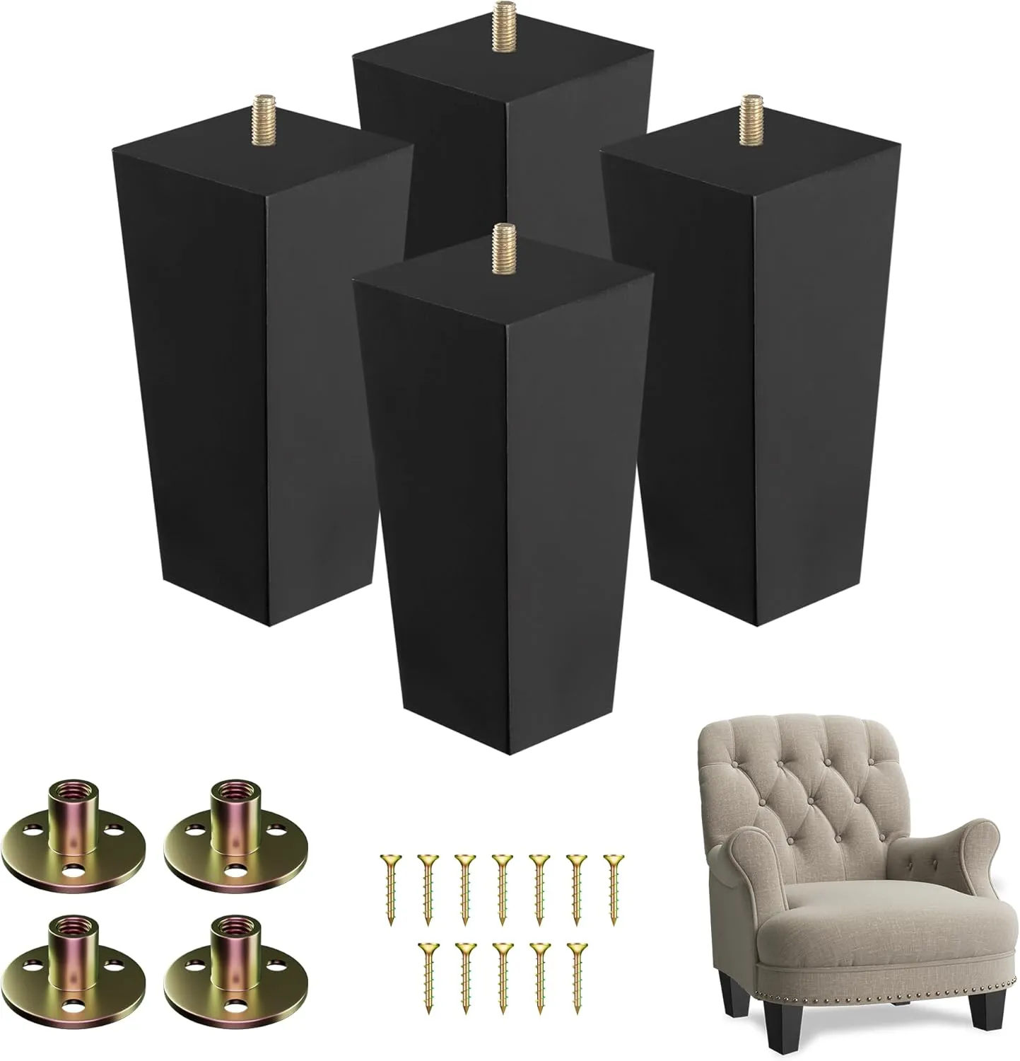 Yes4All 6-Inch Square Black Solid Wood Furniture Legs Set of 4, Heavy Duty 800 lbs Capacity, Adjustable Levelers, Replacement Furniture Legs for Couch, Sofa, Dresser, Ottoman, Chair, and Bed