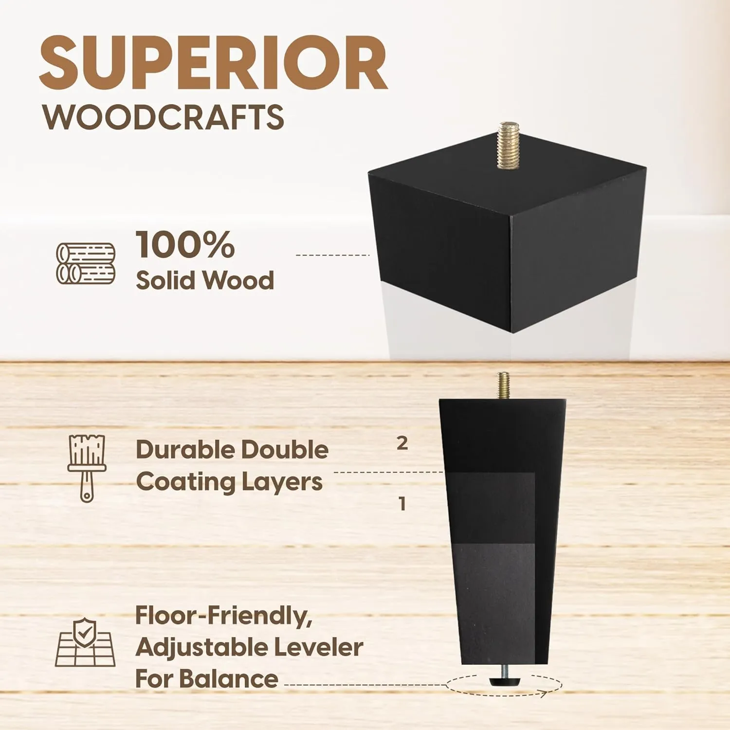 Yes4All 6-Inch Square Black Solid Wood Furniture Legs Set of 4, Heavy Duty 800 lbs Capacity, Adjustable Levelers, Replacement Furniture Legs for Couch, Sofa, Dresser, Ottoman, Chair, and Bed