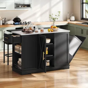 YITAHOME Kitchen Islands with Seating, 47" Mobile Storage Island with Trash Can, Rolling Kitchen Island Cart with Drop Leaf & Stainless Steel Countertop, Bar Table with 2 Stools, Spice Rack, Black