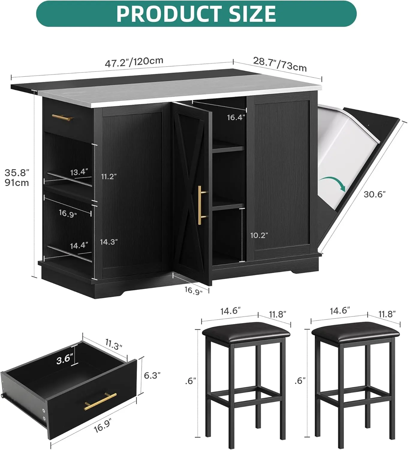 YITAHOME Kitchen Islands with Seating, 47" Mobile Storage Island with Trash Can, Rolling Kitchen Island Cart with Drop Leaf & Stainless Steel Countertop, Bar Table with 2 Stools, Spice Rack, Black