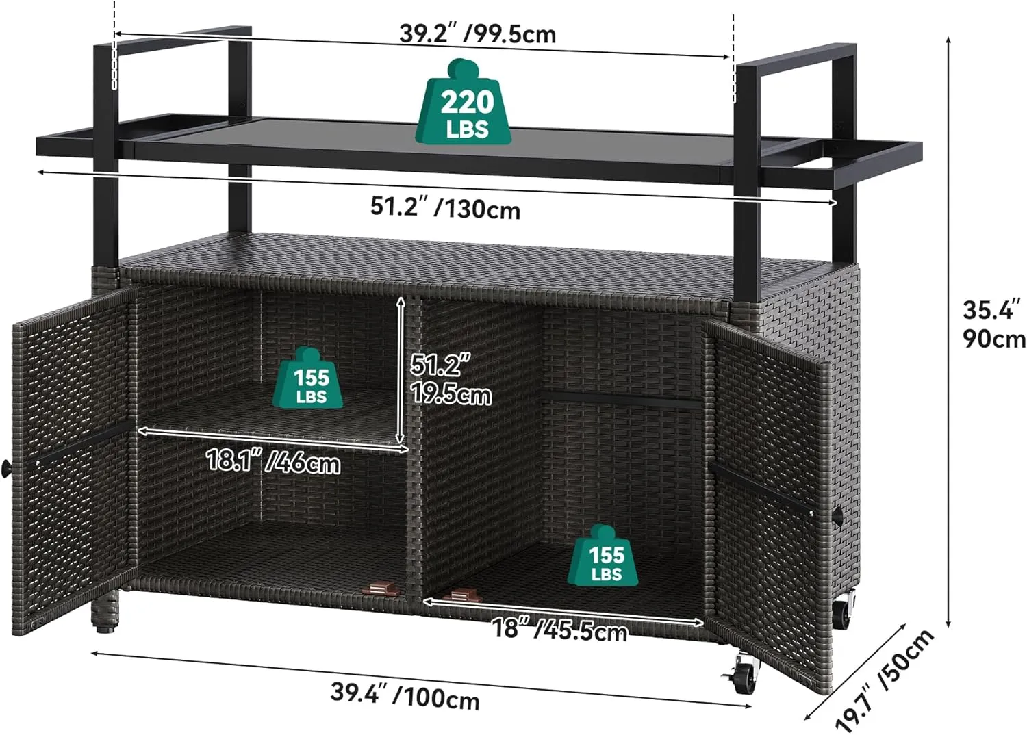YITAHOME XL Outdoor Storage Cabinet, Outdoor Storage Cart with Wheels and Black Glass Table Top for Patio, Outdoor Cabinet for Poolside and Backyard (Dark Brown)