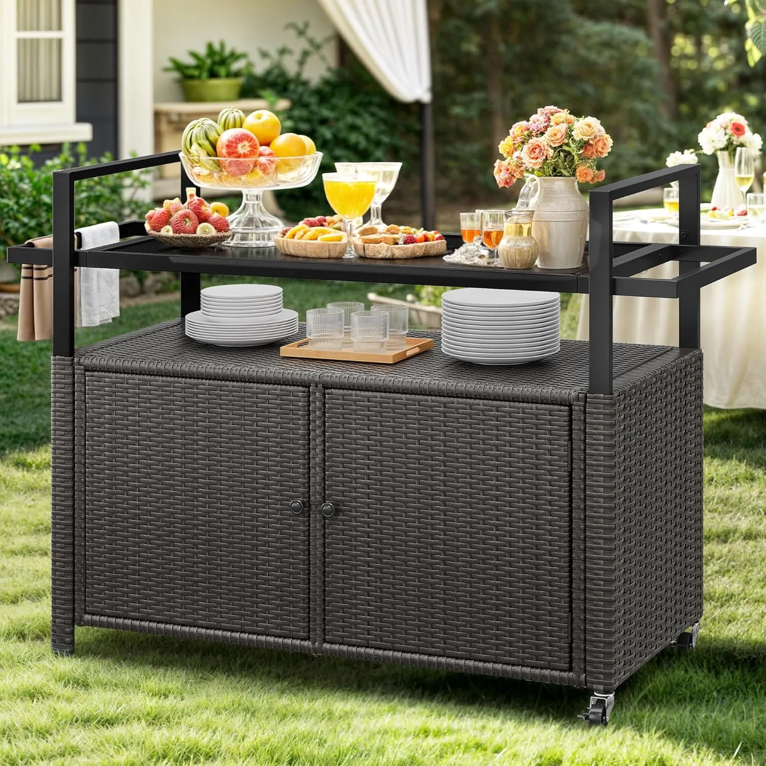 YITAHOME XL Outdoor Storage Cabinet, Outdoor Storage Cart with Wheels and Black Glass Table Top for Patio, Outdoor Cabinet for Poolside and Backyard (Dark Brown)