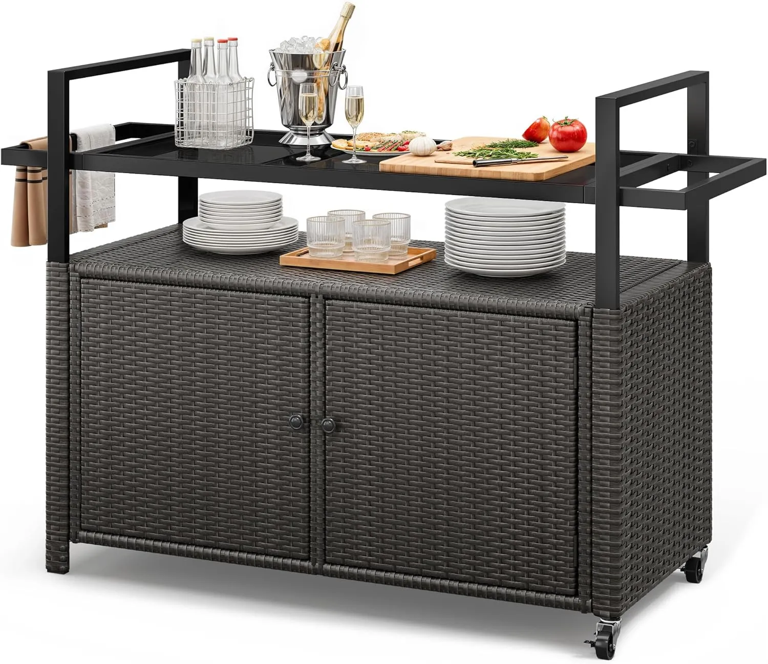 YITAHOME XL Outdoor Storage Cabinet, Outdoor Storage Cart with Wheels and Black Glass Table Top for Patio, Outdoor Cabinet for Poolside and Backyard (Dark Brown)